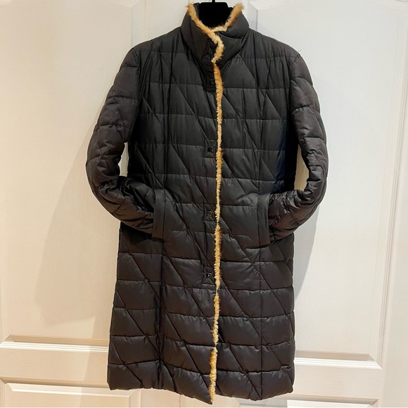 JNY Down & Fur Puffer Black with Carmel-colored trim Jones New York Med - Picture 3 of 17